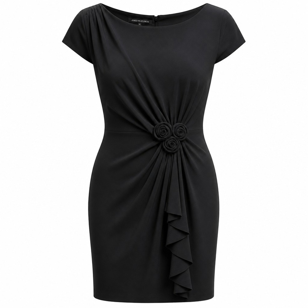 Jones Wear Dress Black Rosette Draped Sheath Cocktail Dress Size 16 Cap Sleeve